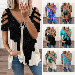 V-Neck Zip Pullover Print Short Sleeves
