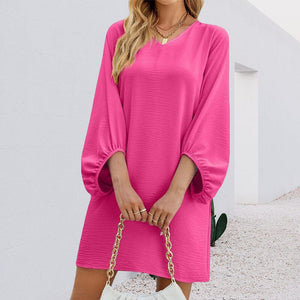 Solid Color V-Neck Puff Sleeve Loose Dress