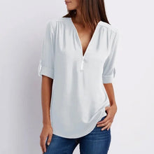 Load image into Gallery viewer, V Neck Zipper Patchwork Plain Blouses
