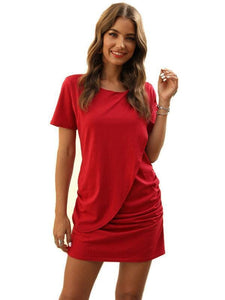 Casual Plain Round Neck Short Sleeve Asymmetrical Midi Dress