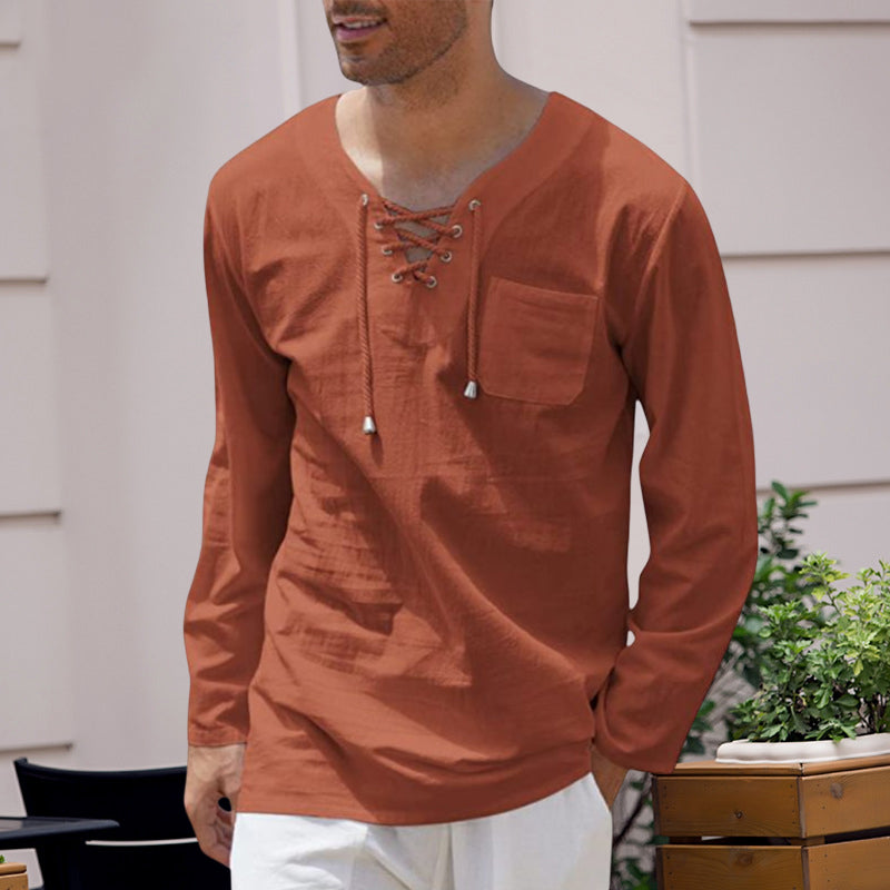 Men's Cotton Linen Casual Lace-Up V-Neck Long Sleeve T-Shirt