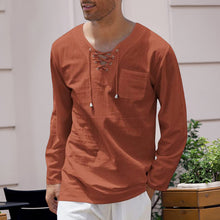 Load image into Gallery viewer, Men&#39;s Cotton Linen Casual Lace-Up V-Neck Long Sleeve T-Shirt
