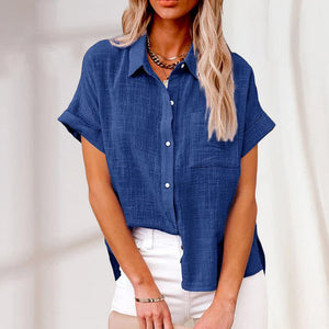 Women's Solid Color Pocket Short Sleeve Cotton Linen Shirt