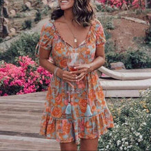 Load image into Gallery viewer, Printed V-Neck Short Sleeve Cotton Linen Dress
