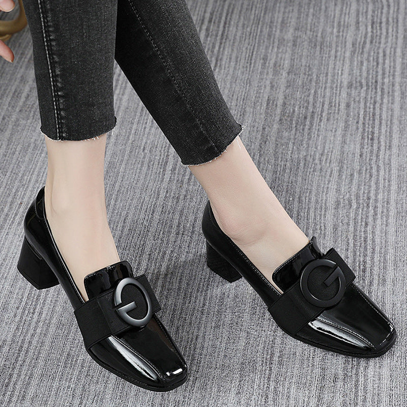 Patent Leather Square Toe Chunky Heel British Shoes