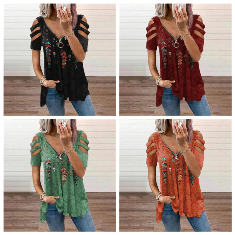V-Neck Zip Pullover Print Short Sleeves