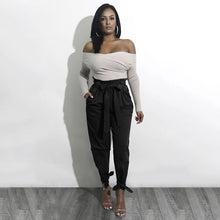Load image into Gallery viewer, Women Solid Loose Pants Casual High Waist Belt Pocket Bow Tie Ruffles Trousers

