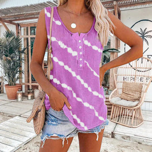 Women's Diagonal Stripe Button Crew Neck Tank Top