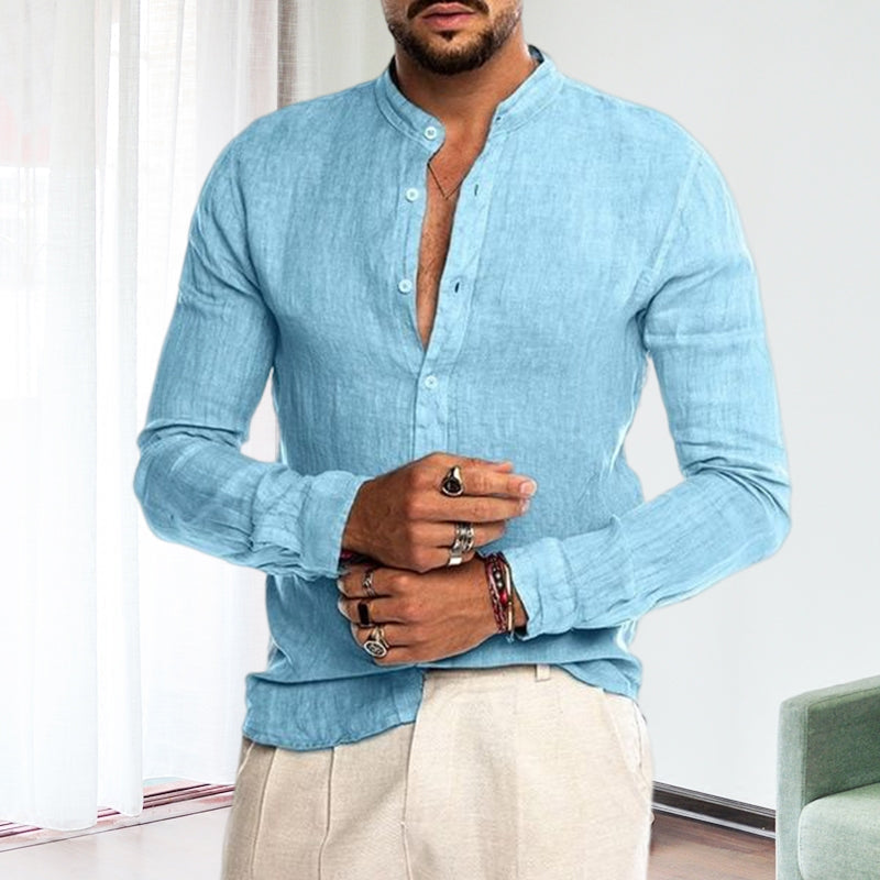 Long-sleeved Loose-fitting Men's Shirt With A Stand-up Collar In Linen