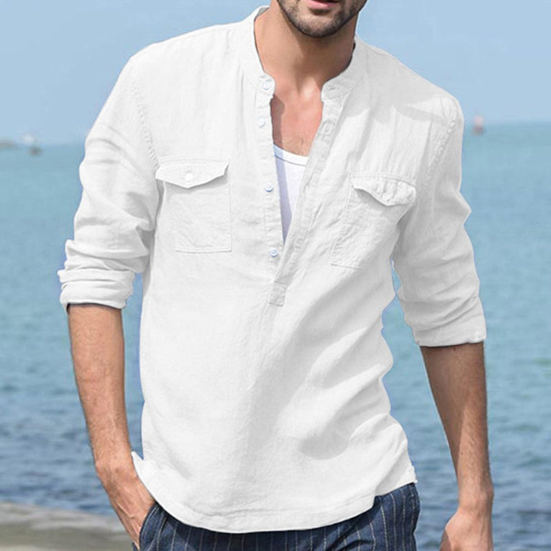 Men's Linen Casual Long Sleeve Solid Color Shirt