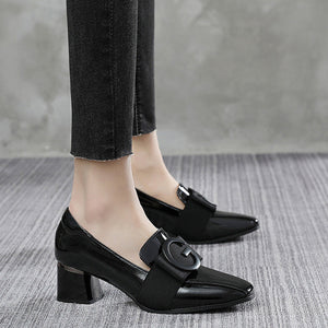 Patent Leather Square Toe Chunky Heel British Shoes