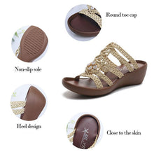 Load image into Gallery viewer, Hollow Out Weave Opened Toe Rhinestone Wedges Slippers
