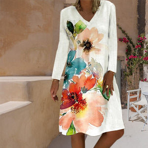 Printed Long Sleeve Crew Neck Dress