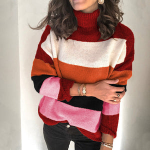 High-neck Paneled Knitted Striped Sweater
