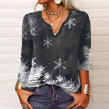 Load image into Gallery viewer, Long Sleeve Floral Christmas V-Neck Button T-Shirt
