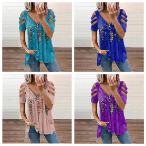 V-Neck Zip Pullover Print Short Sleeves