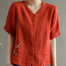 Load image into Gallery viewer, Loose Embroidered V-Neck Short Sleeve T-Shirt
