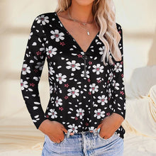 Load image into Gallery viewer, Floral Zipper V-neck Long Sleeves Shirt
