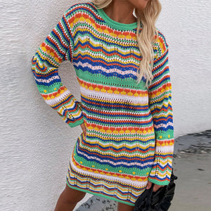 Crewneck Rainbow Striped Knit Sweater