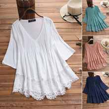Load image into Gallery viewer, Jacquard Pleated Lace Hollow Out V-neck Plus Size Blouse
