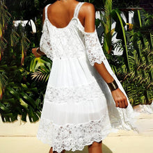 Load image into Gallery viewer, Lace Solid Shift Cold Shoulder Short Sleeves Midi Elegant Dresses
