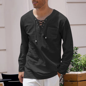 Men's Cotton Linen Casual Lace-Up V-Neck Long Sleeve T-Shirt