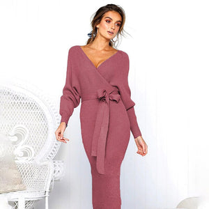 Elegant V-Neck Wrap Sweater Dress