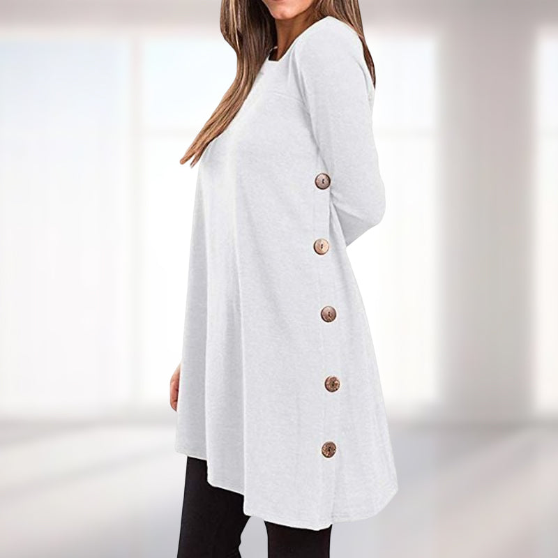 Women's Long Sleeve Scoop Neck Button Side Sweater Tunic Dress