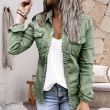 Load image into Gallery viewer, Solid Color Lapel Neck Pleated Denim Jacket
