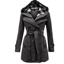 Load image into Gallery viewer, Women Double Breasted Slim Hoodie Solid Casual Long Pea Coat with Belt
