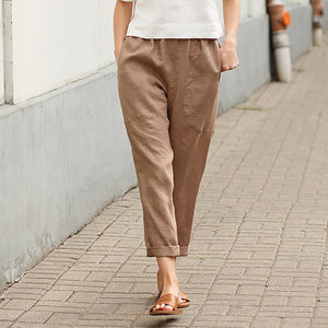 Plain Cotton Linen Casual Pants for Women