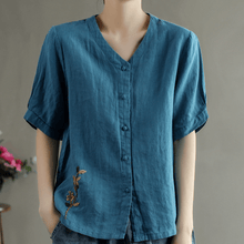 Load image into Gallery viewer, Loose Embroidered V-Neck Short Sleeve T-Shirt

