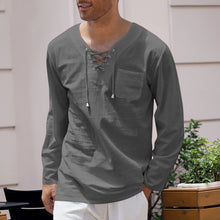 Load image into Gallery viewer, Men&#39;s Cotton Linen Casual Lace-Up V-Neck Long Sleeve T-Shirt
