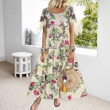Load image into Gallery viewer, Vintage Cotton Linen Floral Print Short Sleeve Crew Neck Dress

