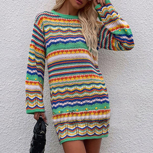 Crewneck Rainbow Striped Knit Sweater