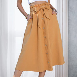 Women's Tie Knot Elastic Waist Button Front Elegant Midi Skirt