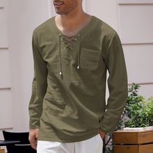 Load image into Gallery viewer, Men&#39;s Cotton Linen Casual Lace-Up V-Neck Long Sleeve T-Shirt
