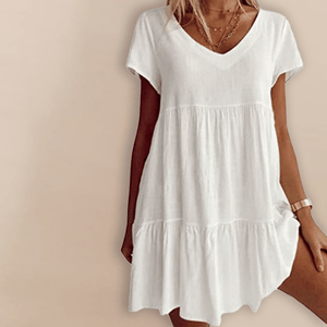 Cotton-Blend V Neck Casual Short Sleeve Weaving Dress