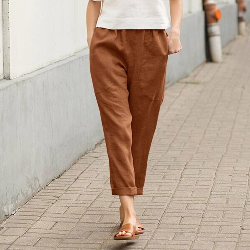 Plain Cotton Linen Casual Pants for Women