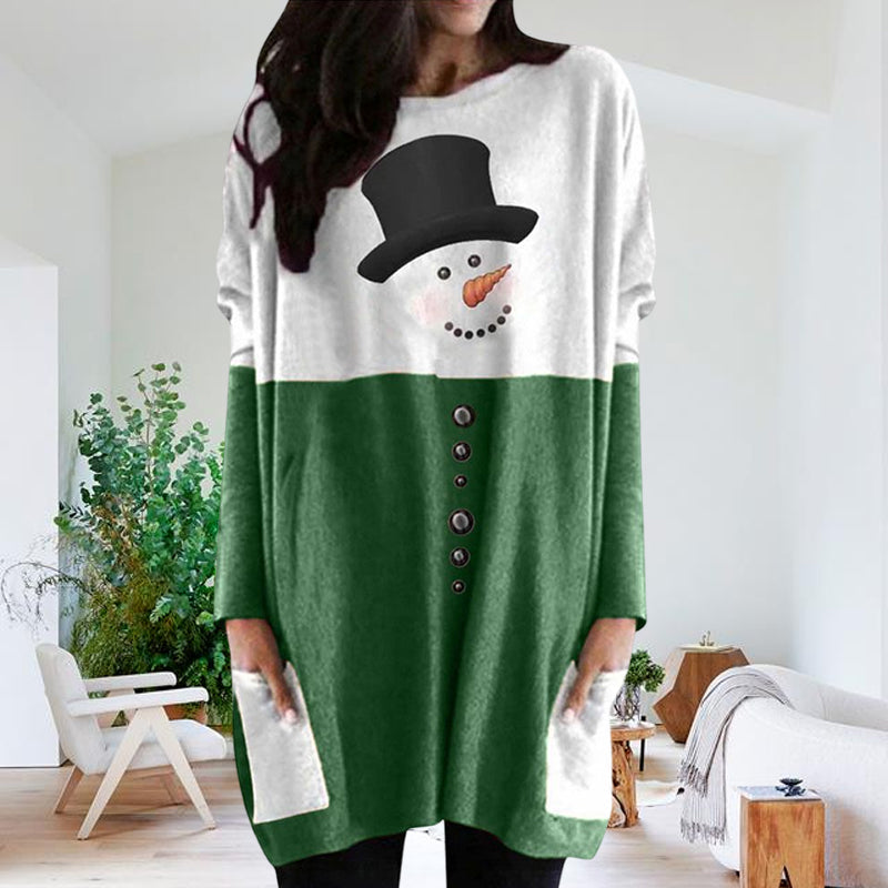 Christmas Snowman Print Long Sleeve Dress