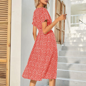 Deep V-neck Short-sleeved Floral Dress