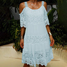 Load image into Gallery viewer, Lace Solid Shift Cold Shoulder Short Sleeves Midi Elegant Dresses
