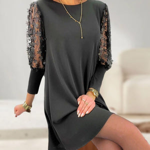Plain Dress with Round Neck and Puff Sleeves