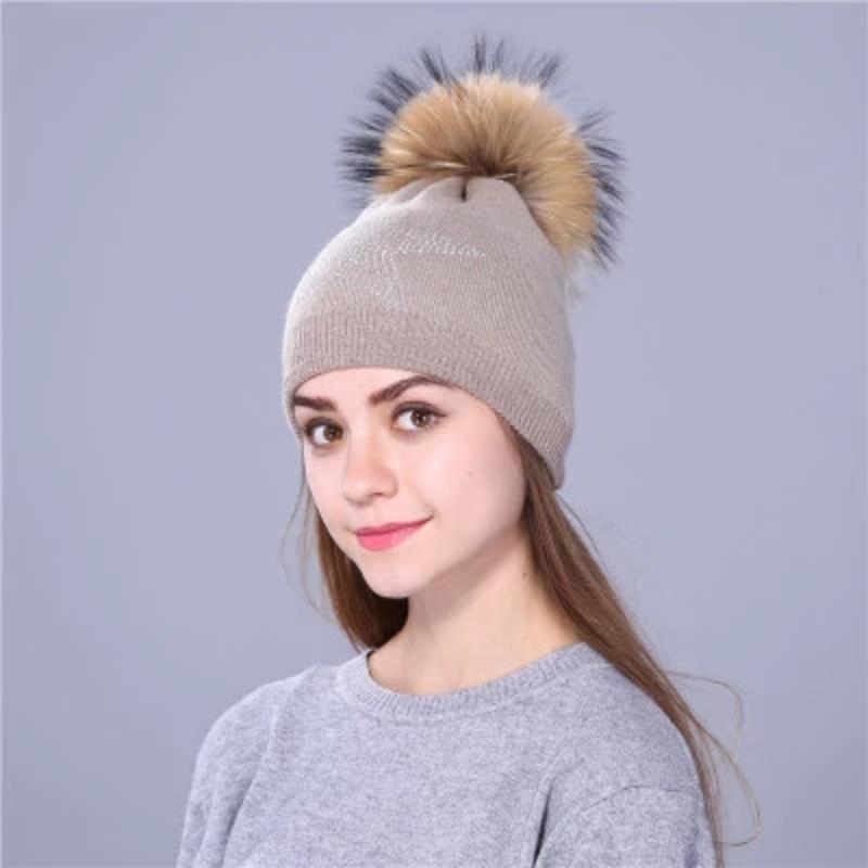 Women Wool Fox Fur Poms Warm Knitted Casual Hat