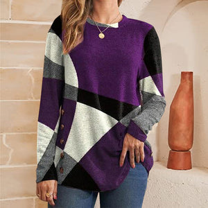 Women's Button Geometric Contrast Color Long-sleeved Printed Loose T-shirt