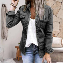 Load image into Gallery viewer, Solid Color Lapel Neck Pleated Denim Jacket
