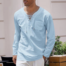 Load image into Gallery viewer, Men&#39;s Cotton Linen Casual Lace-Up V-Neck Long Sleeve T-Shirt
