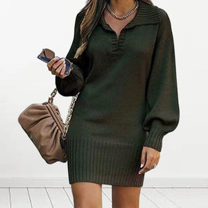 Lapel Lantern Sleeve Knit Solid Color Sweater Dress
