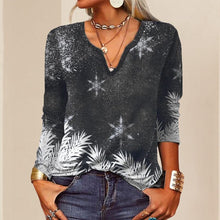 Load image into Gallery viewer, Long Sleeve Floral Christmas V-Neck Button T-Shirt
