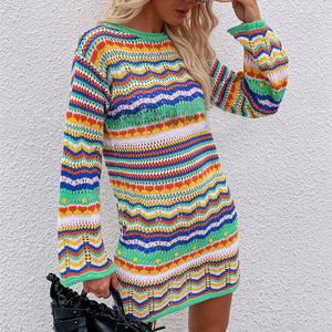 Crewneck Rainbow Striped Knit Sweater